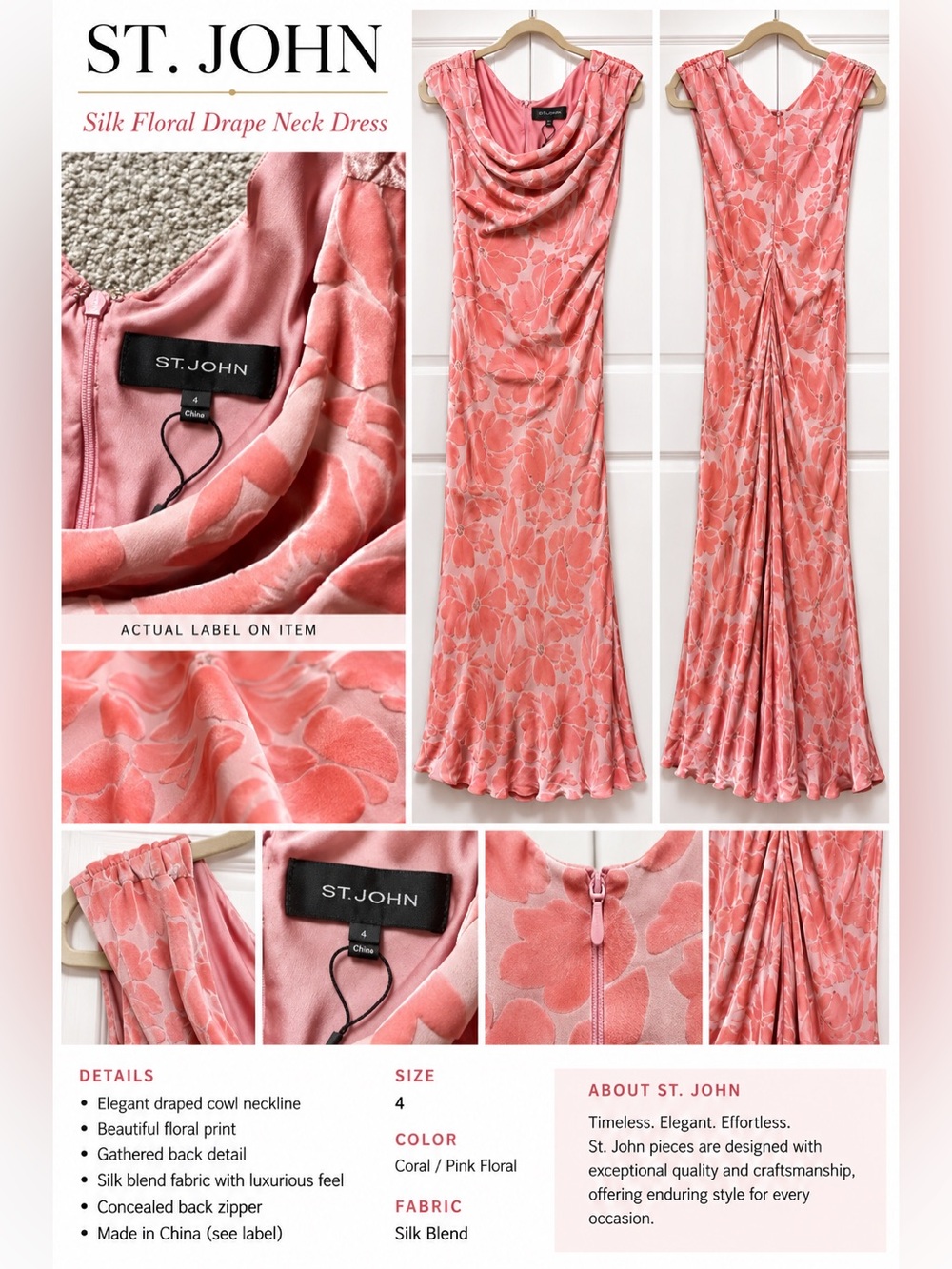 St. John Evening Pink Floral Silk Blend Cowl Gown Maxi Dress - Size 4